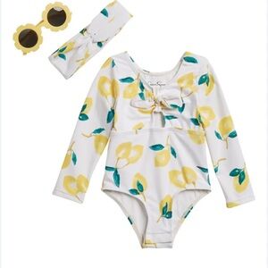 Jessica Simpson NWOT Lemon Rashguard Swimsuit, Headband & Sunglasses Set 12M
